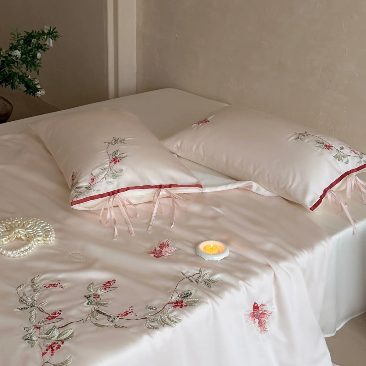 Bedding Set Silky Satin Floral Embroidery Machine Washable