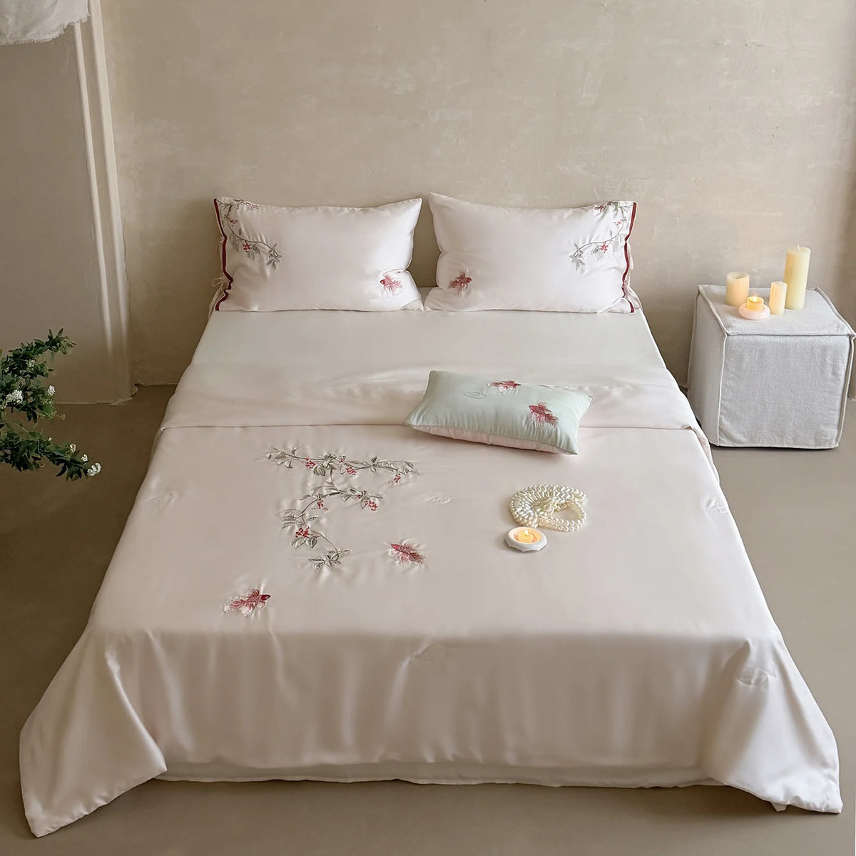 Bedding Set Silky Satin Floral Embroidery Machine Washable