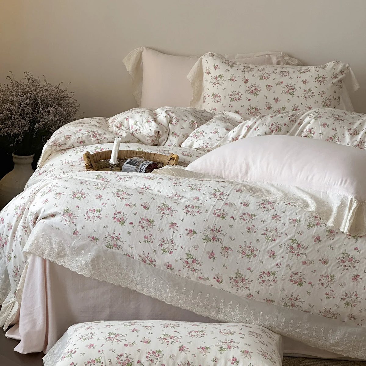 Bedding Set Soft Breathable Cotton Floral Lace Ruffle