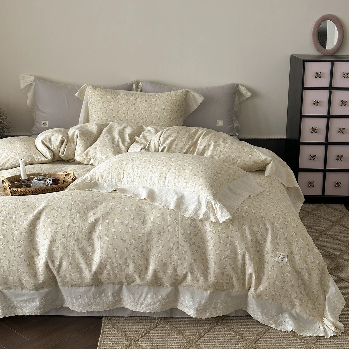 Bedding Set Soft Breathable Cotton Floral Lace Ruffle