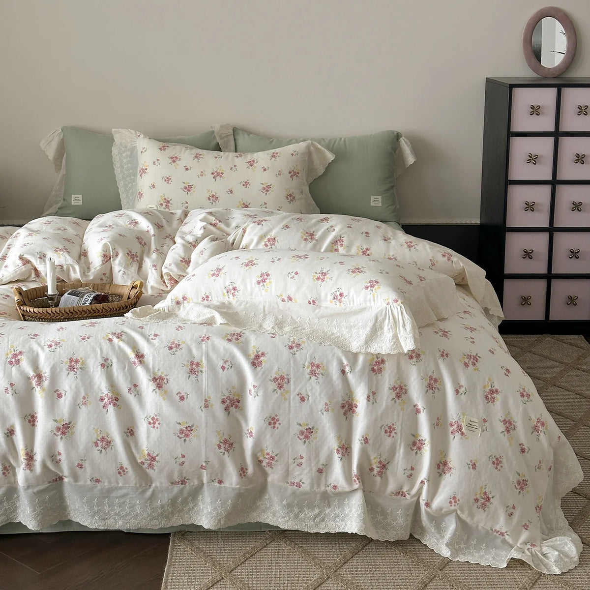 Bedding Set Soft Breathable Cotton Floral Lace Ruffle