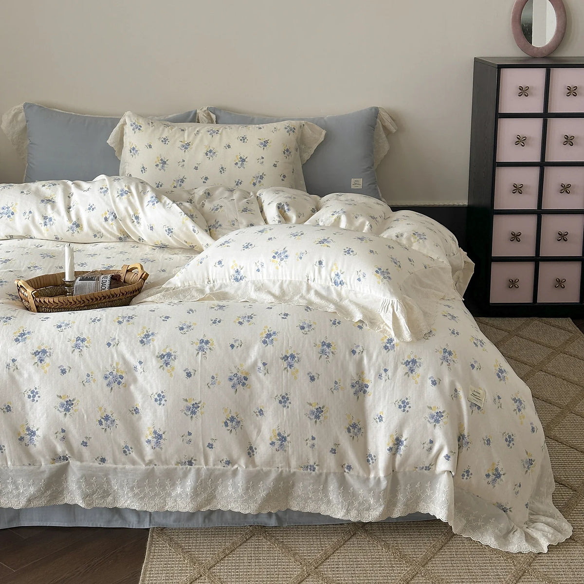 Bedding Set Soft Breathable Cotton Floral Lace Ruffle
