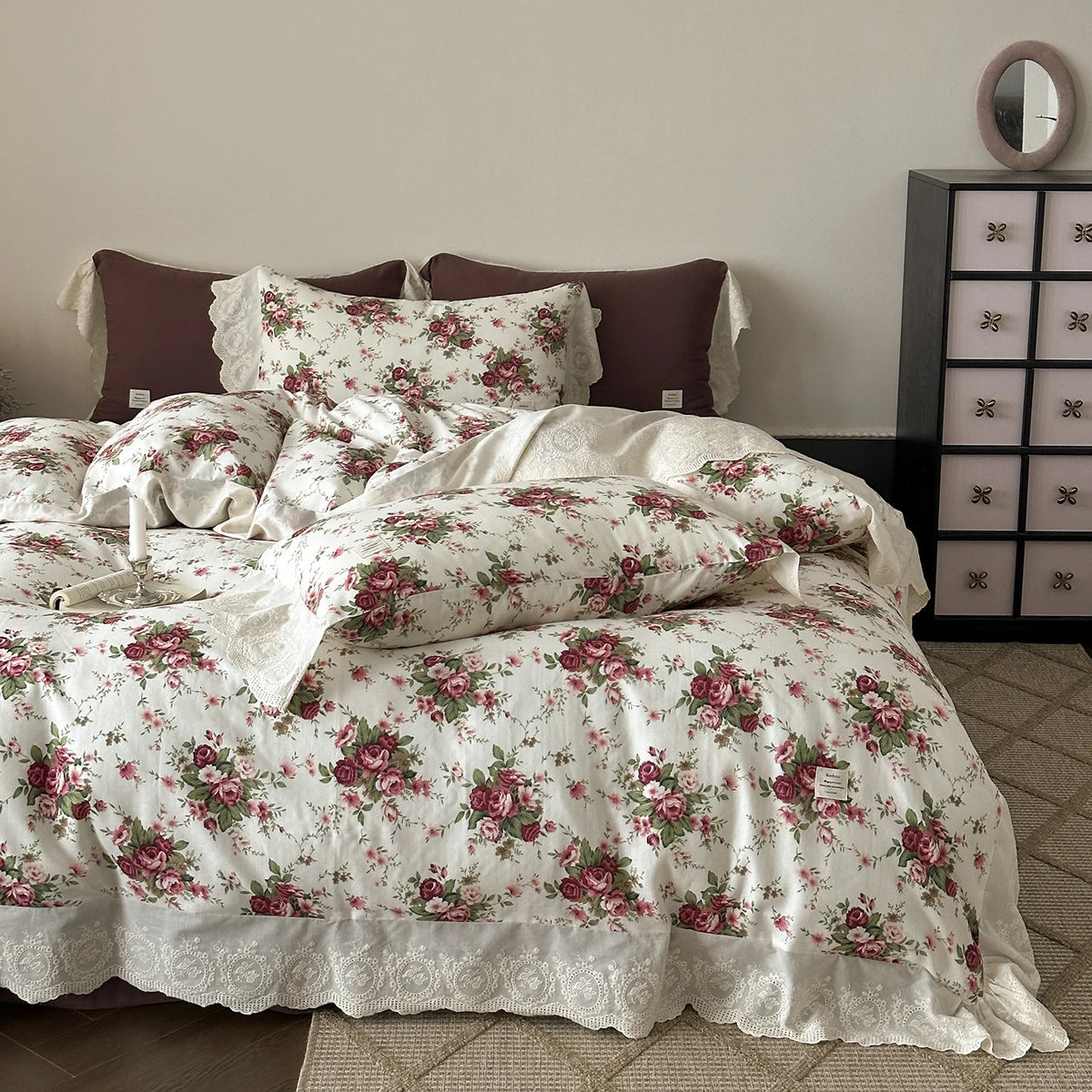 Bedding Set Soft Breathable Cotton Floral Lace Ruffle