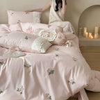 Bedding Set Soft Breathable Cotton Rose Embroidery Ruffle Trim