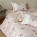 Bedding Set Soft Breathable Cotton Rose Embroidery Ruffle Trim