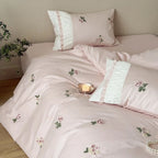 Bedding Set Soft Breathable Cotton Rose Embroidery Ruffle Trim
