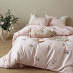 Bedding Set Soft Breathable Cotton Rose Embroidery Ruffle Trim