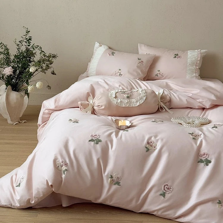 Bedding Set Soft Breathable Cotton Rose Embroidery Ruffle Trim
