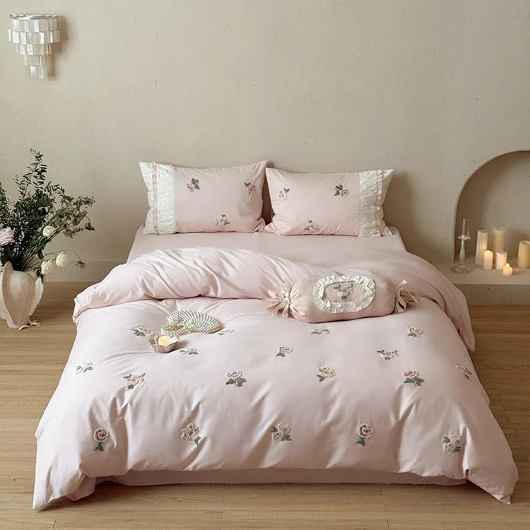 Bedding Set Soft Breathable Cotton Rose Embroidery Ruffle Trim