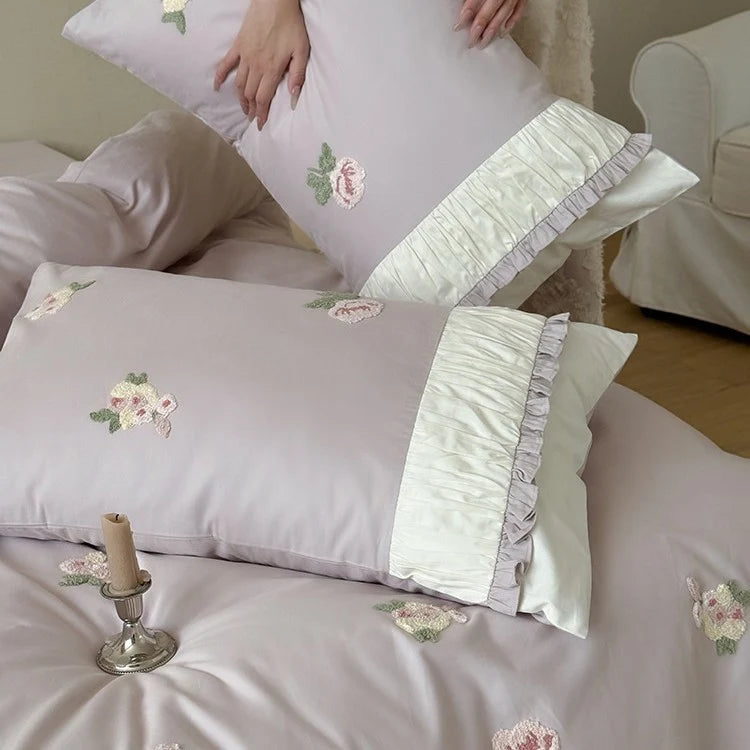 Bedding Set Soft Breathable Cotton Rose Embroidery Ruffle Trim