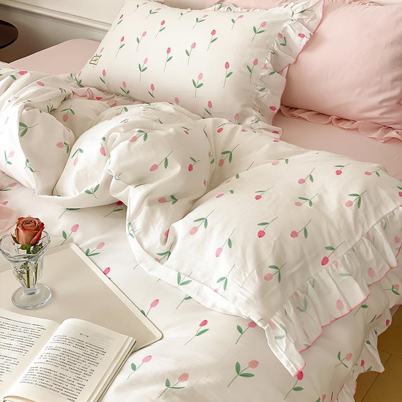Bedding Set Soft Cotton Floral Ruffle Concealed Zipper