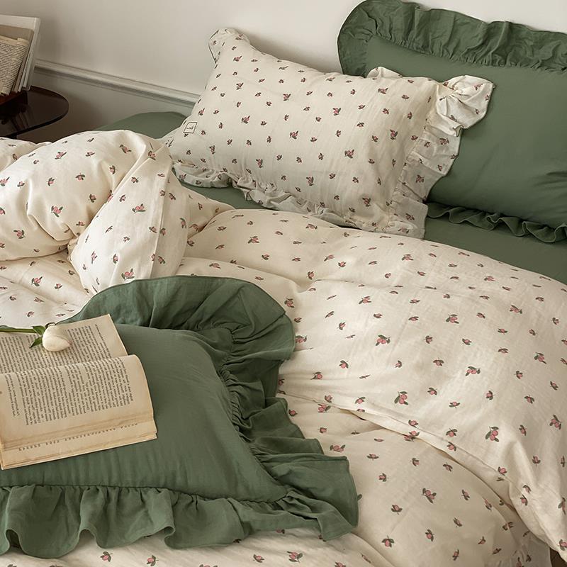 Bedding Set Soft Cotton Floral Ruffle Concealed Zipper