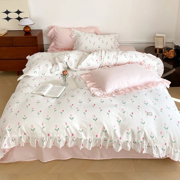 Bedding Set Soft Cotton Floral Ruffle Concealed Zipper