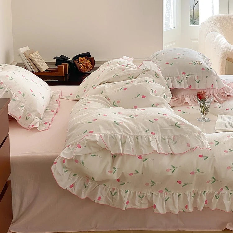 Bedding Set Soft Cotton Floral Ruffle Concealed Zipper