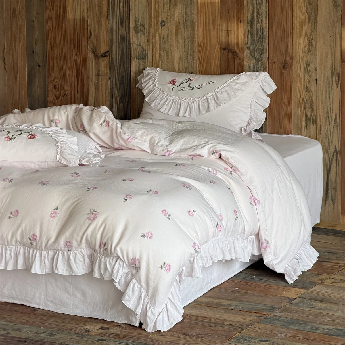 Bedding Set Soft Cotton Rose Embroidery & Ruffle Trim