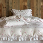 Bedding Set Soft Cotton Rose Embroidery & Ruffle Trim
