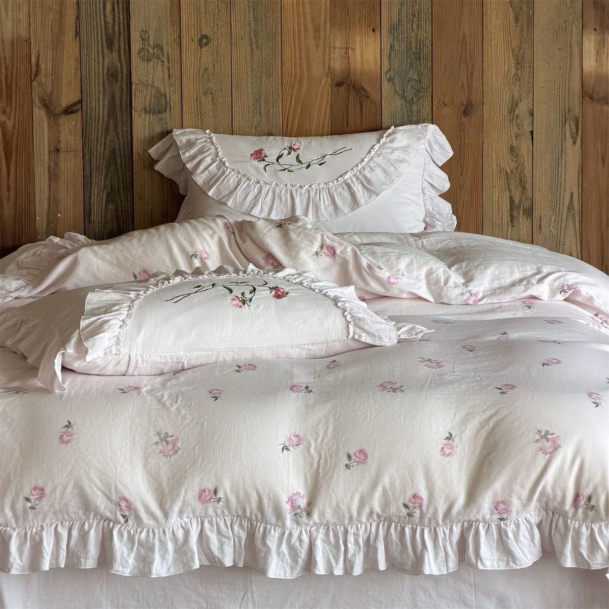 Bedding Set Soft Cotton Rose Embroidery & Ruffle Trim