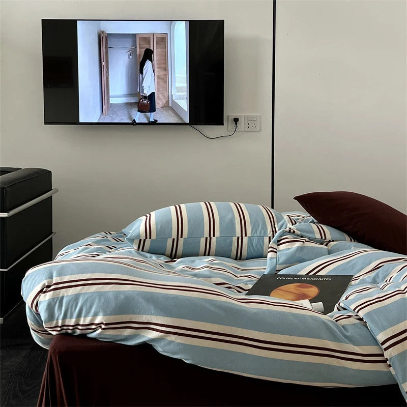 Bedding Set Striped Mako Cotton Breathable Concealed Zipper