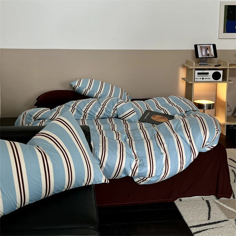 Bedding Set Striped Mako Cotton Breathable Concealed Zipper