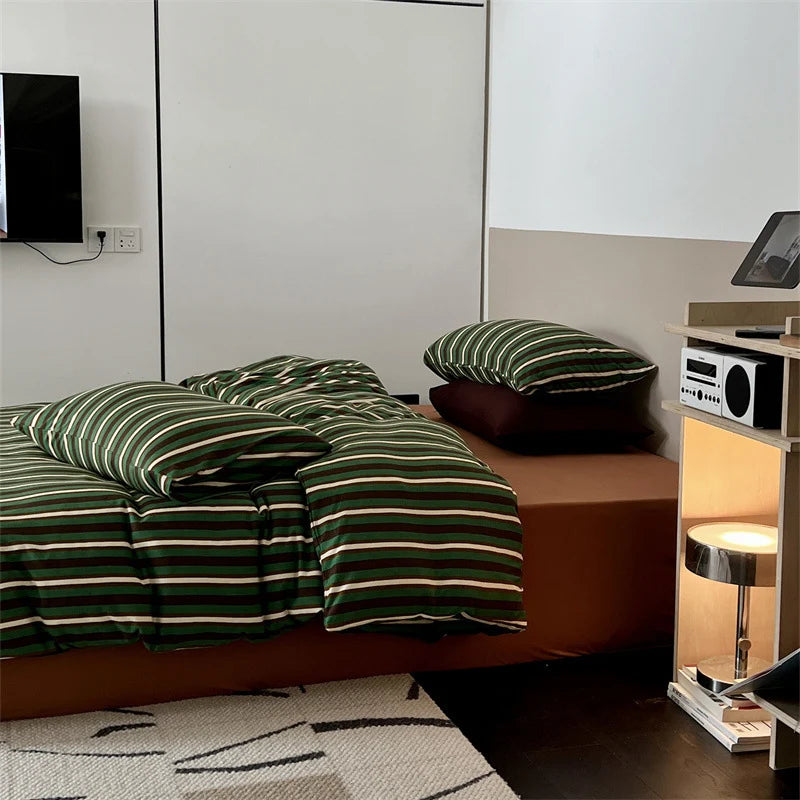 Bedding Set Striped Mako Cotton Breathable Concealed Zipper