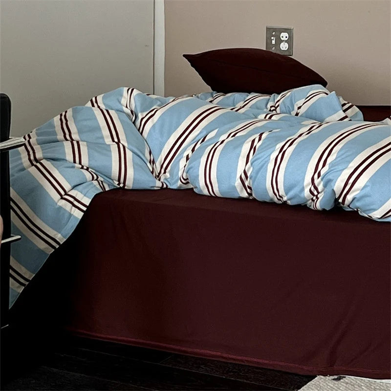 Bedding Set Striped Mako Cotton Breathable Concealed Zipper