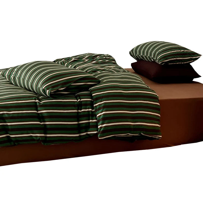 Bedding Set Striped Mako Cotton Breathable Concealed Zipper