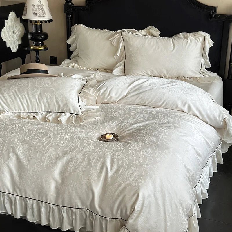 Bedding Set Tencel Cotton Jacquard Ruffle Trim 4-Piece