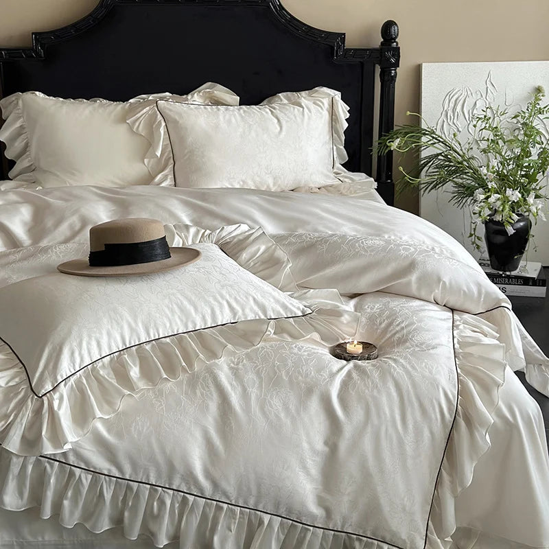 Bedding Set Tencel Cotton Jacquard Ruffle Trim 4-Piece