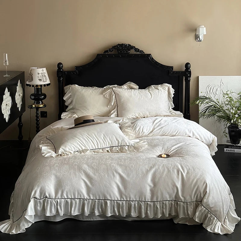 Bedding Set Tencel Cotton Jacquard Ruffle Trim 4-Piece