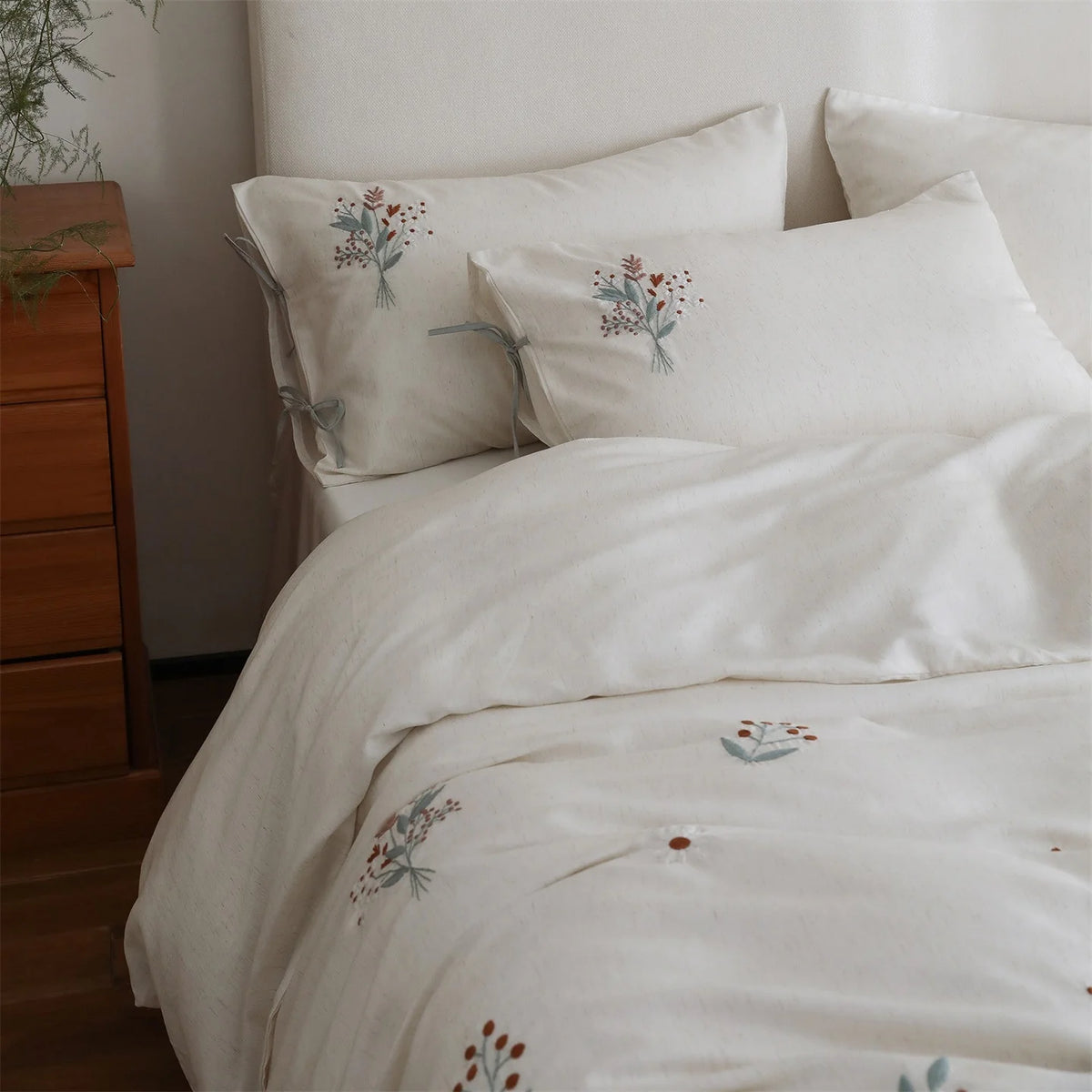 Bedding Set Tencel Linen Blend Embroidered Bow Pillowcases