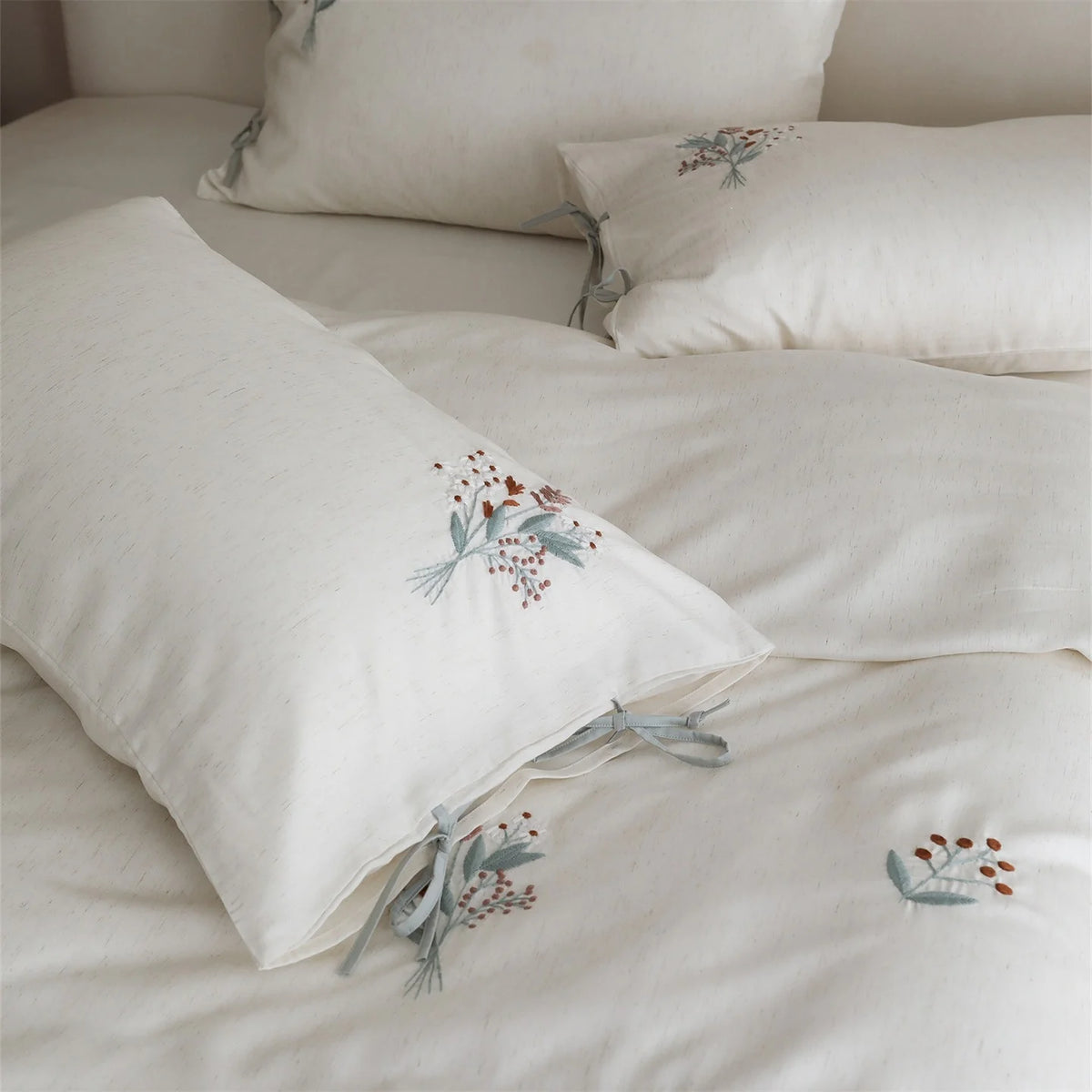 Bedding Set Tencel Linen Blend Embroidered Bow Pillowcases