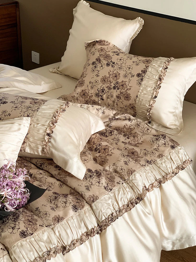 Bedding Set Tencel Satin Floral Jacquard & Pleated Ruffle