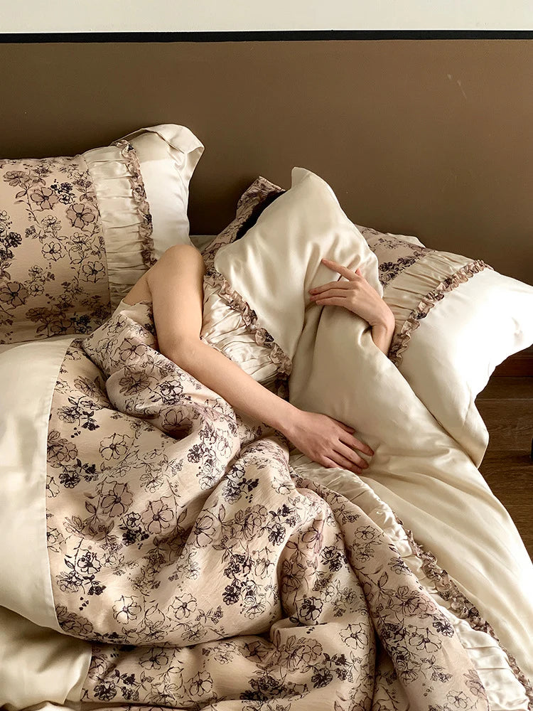 Bedding Set Tencel Satin Floral Jacquard & Pleated Ruffle