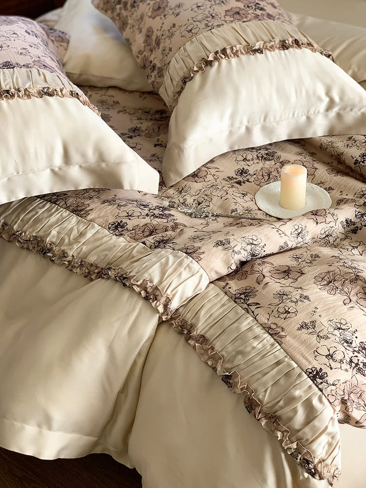 Bedding Set Tencel Satin Floral Jacquard & Pleated Ruffle