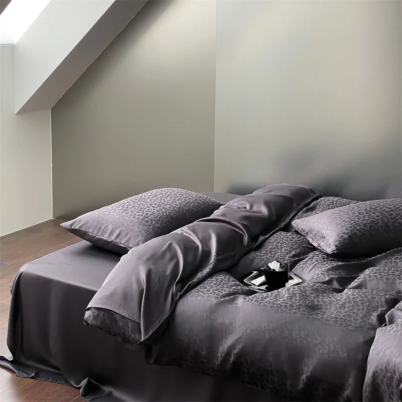 Bedding Set Tencel Satin Jacquard Leopard Pattern