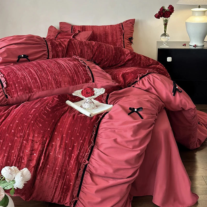 Bedding Set Velvety Microfiber Quilted & Ruffled 4-Piece Set