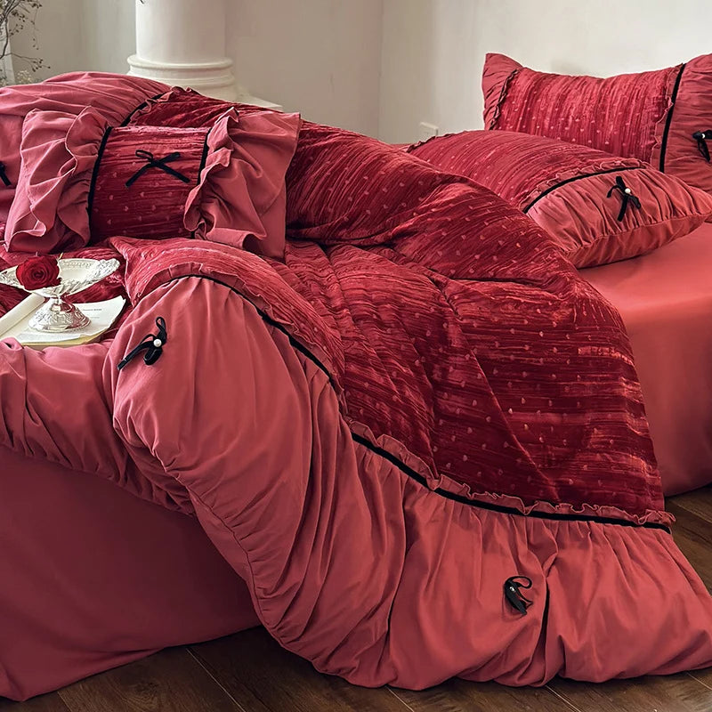 Bedding Set Velvety Microfiber Quilted & Ruffled 4-Piece Set