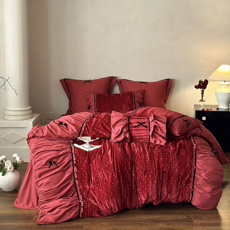 Bedding Set Velvety Microfiber Quilted & Ruffled 4-Piece Set