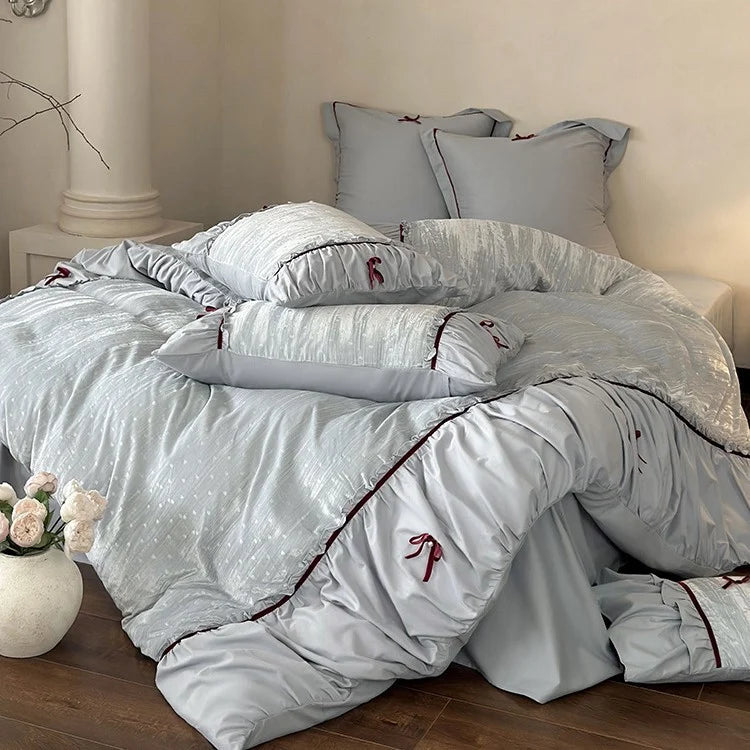 Bedding Set Velvety Microfiber Quilted & Ruffled 4-Piece Set