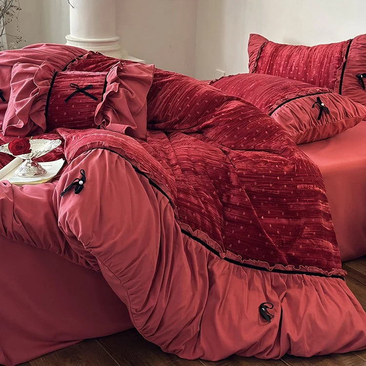 Bedding Set Velvety Microfiber Quilted & Ruffled 4-Piece Set