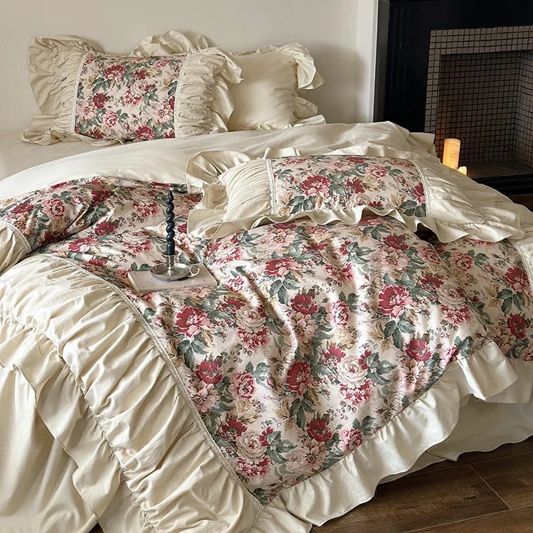 Bedding Set Victorian Floral Cotton Blend Ruffle & Frill