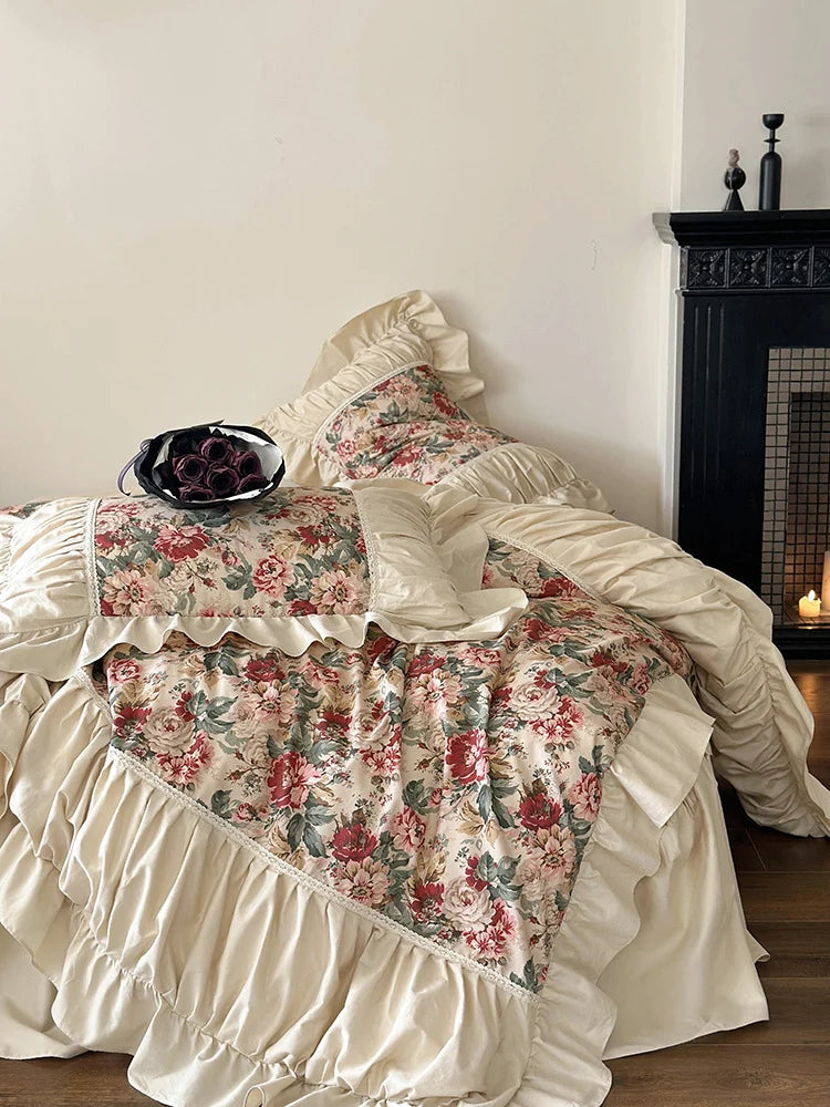 Bedding Set Victorian Floral Cotton Blend Ruffle & Frill