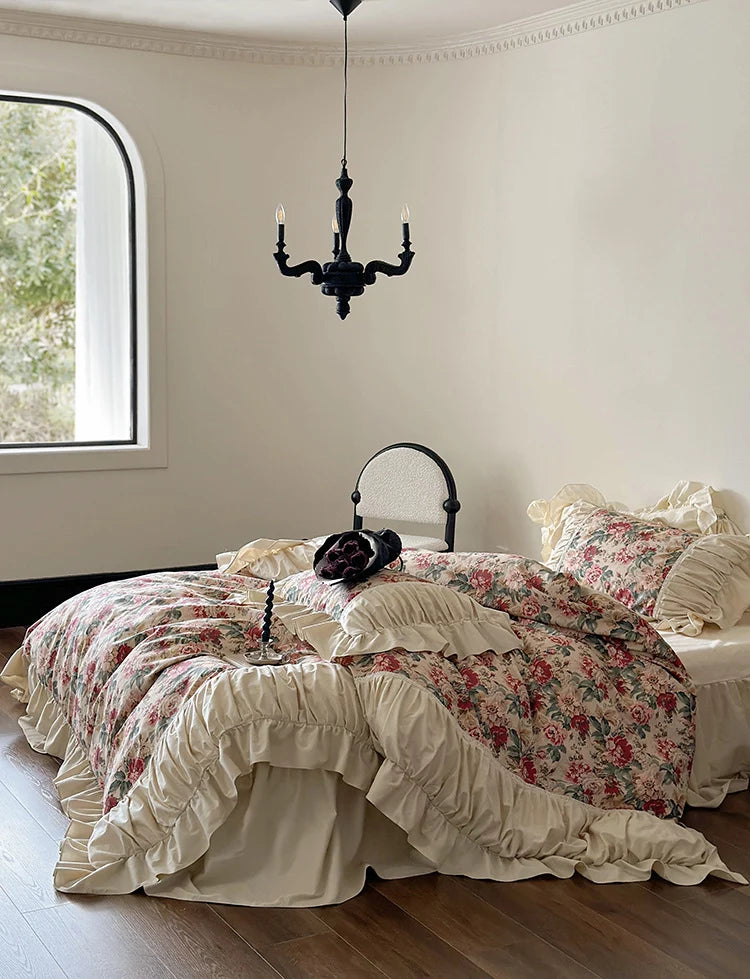 Bedding Set Victorian Floral Cotton Blend Ruffle & Frill