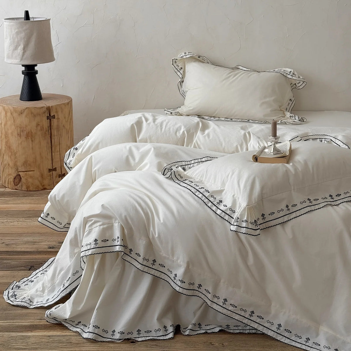 Bedding Set Washed Cotton Embroidered & Ruffled Hem