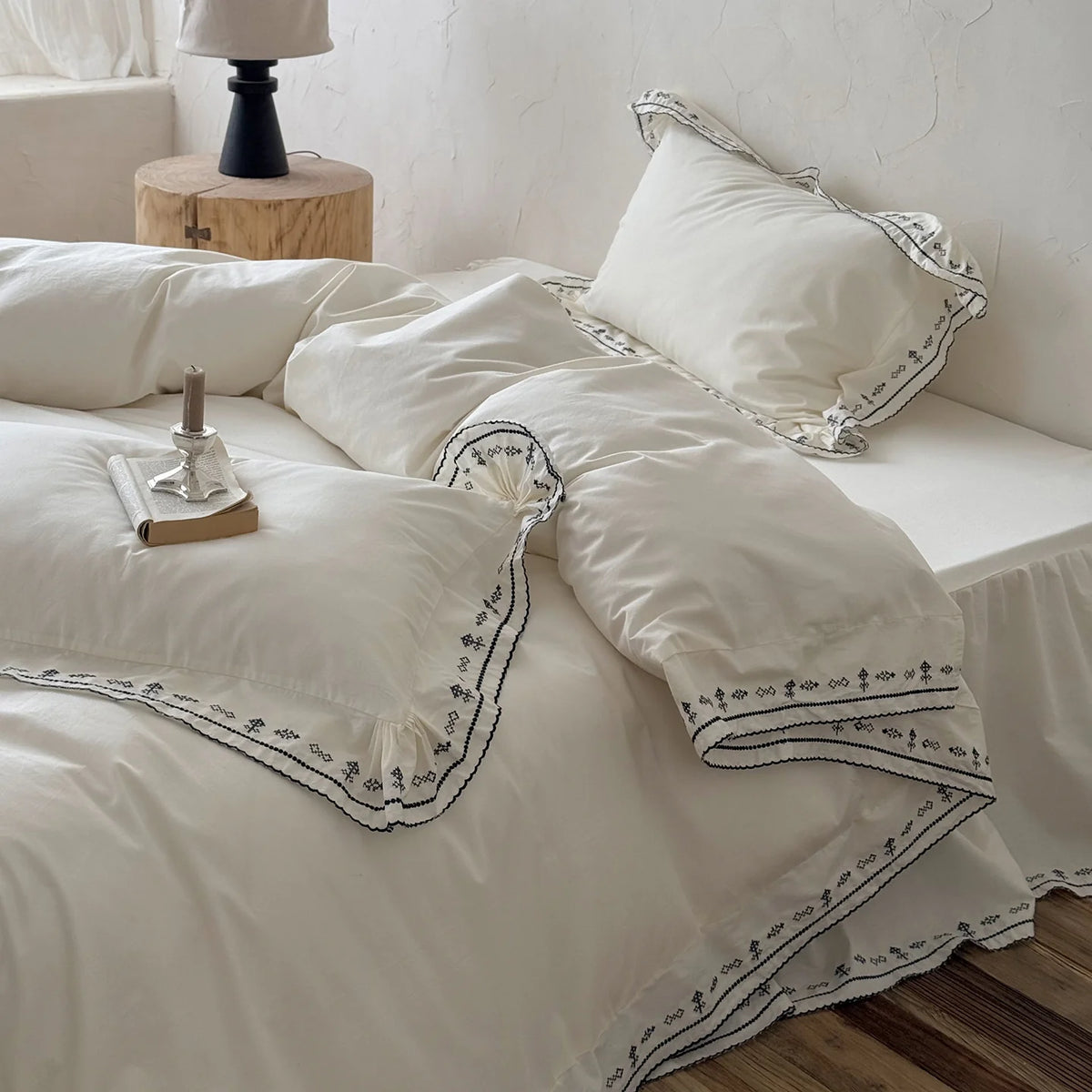 Bedding Set Washed Cotton Embroidered & Ruffled Hem