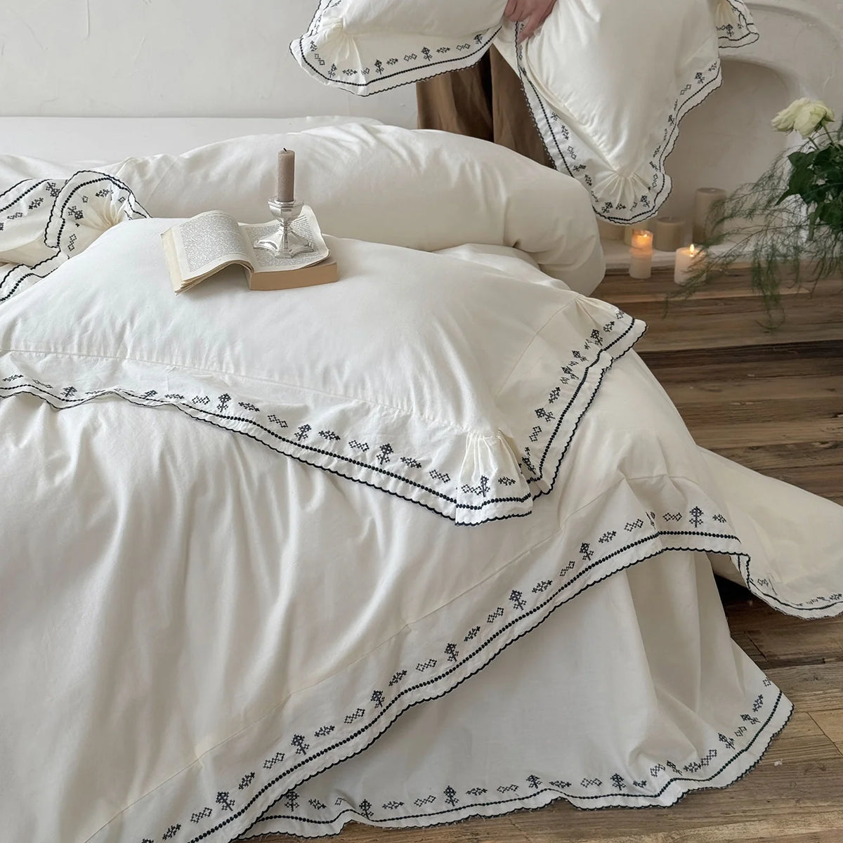 Bedding Set Washed Cotton Embroidered & Ruffled Hem