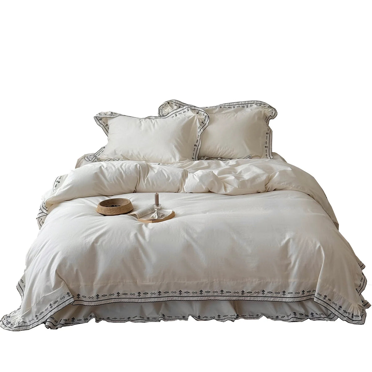 Bedding Set Washed Cotton Embroidered & Ruffled Hem