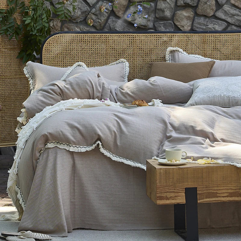Bedding Set Washed Cotton-Linen Breathable Lace Trim