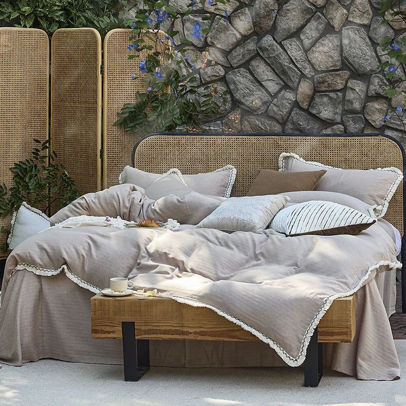 Bedding Set Washed Cotton-Linen Breathable Lace Trim