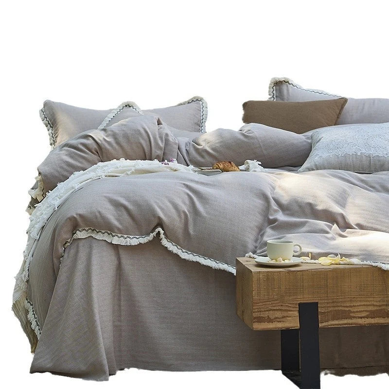 Bedding Set Washed Cotton-Linen Breathable Lace Trim